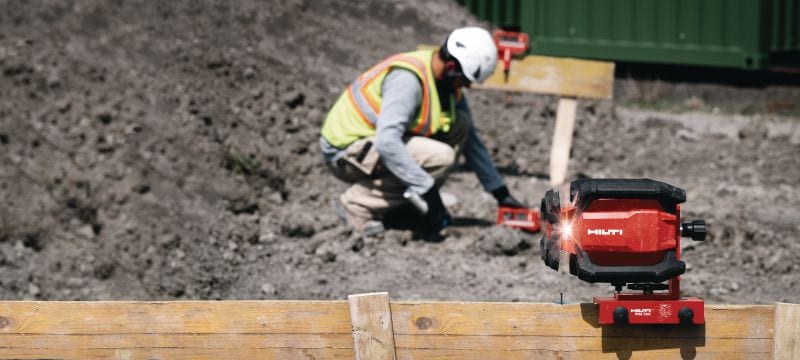 Nivel de láser rotativo de pendiente simple PR 40-22 Robusto nivel de láser rotativo exterior con funciones automáticas para nivelado, alineación, inclinación y cálculo de escuadras de larga distancia (plataforma de batería Nuron) Aplicaciones 1